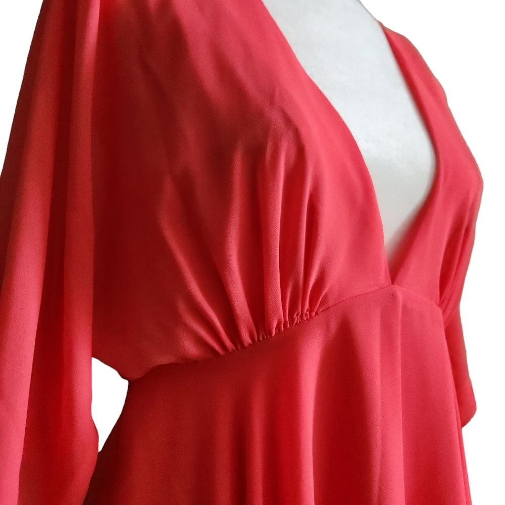 Forever 21 Front Deep V Flutter Sleeve Flowy Summer Dress Bright Coral Size L - Picture 5 of 16